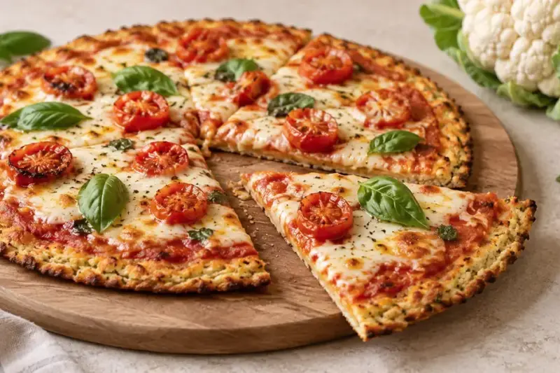 Blomkålpizza med gyllen, sprø bunn, smeltet ost, tomater og basilikum på et trebrett, med et utskåret pizzastykke og blomkål ved siden av.