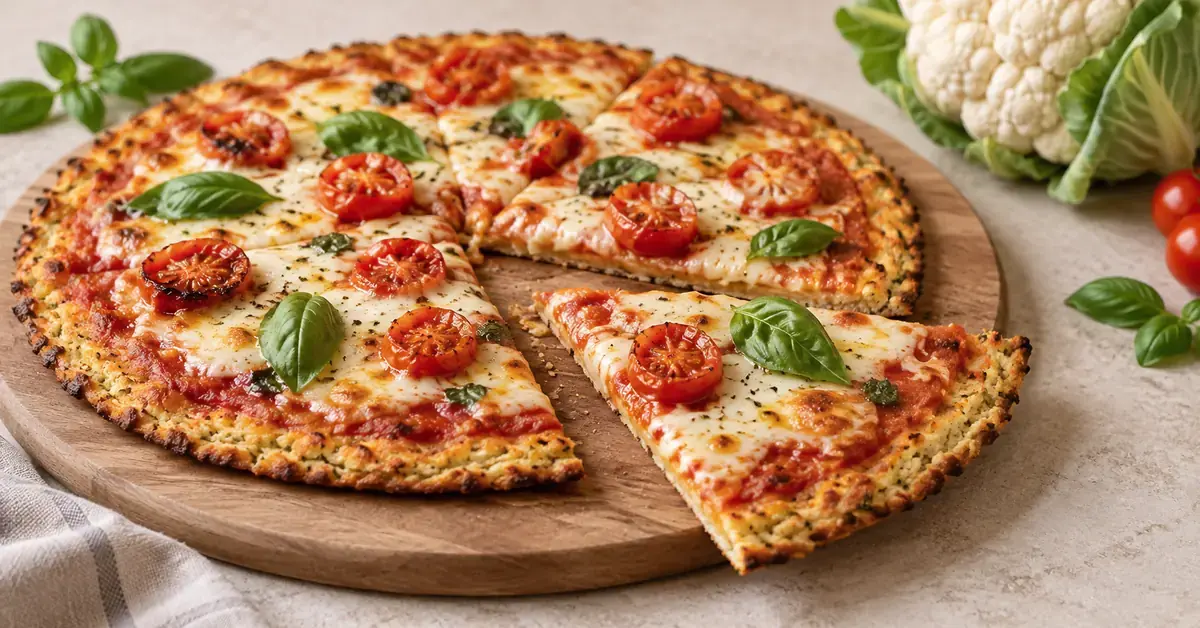 Blomkålpizza med gyllen, sprø bunn, smeltet ost, tomater og basilikum på et trebrett, med et utskåret pizzastykke og blomkål ved siden av.