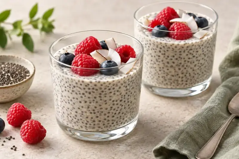To glass med kremet chiapudding toppet med bringebær, blåbær og kokosflak på et lyst bord med chiafrø og en skje ved siden av.