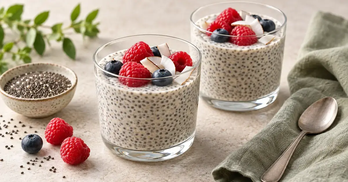 To glass med kremet chiapudding toppet med bringebær, blåbær og kokosflak på et lyst bord med chiafrø og en skje ved siden av.