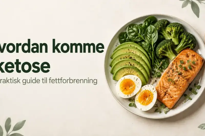Artikkelbilde med teksten «Hvordan komme i ketose» og en tallerken med laks, avokado, egg, spinat og brokkoli, med olivenolje og valnøtter ved siden av.