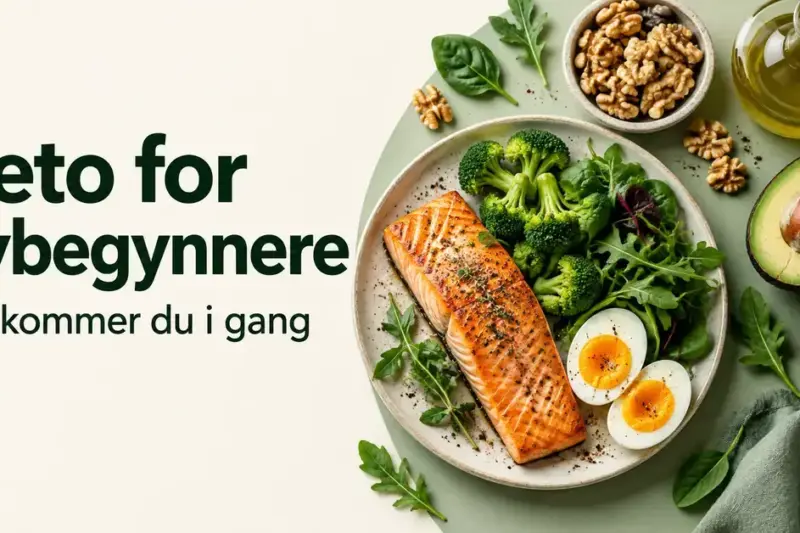 Artikkelbilde med teksten «Keto for nybegynnere – Slik kommer du i gang» ved siden av laks, egg, avokado, brokkoli, bladgrønnsaker, valnøtter og olivenolje.