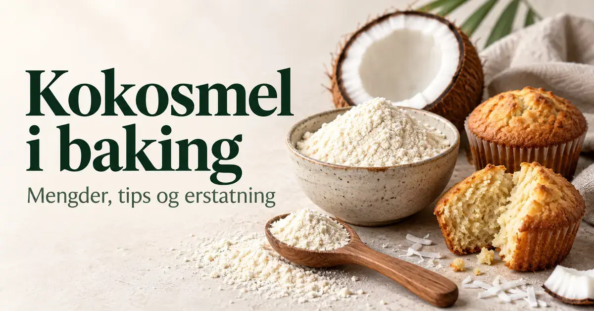 En skål med kokosmel, en treskje, en halv kokosnøtt og gylne muffins ved siden av teksten «Kokosmel i baking – Mengder, tips og erstatning».