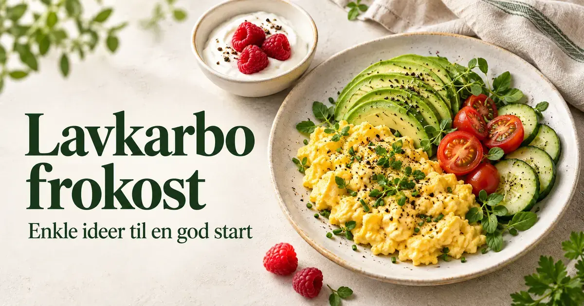 Lavkarbo frokost med eggerøre, avokado, agurk, tomater og yoghurt med bringebær, med teksten «Lavkarbo frokost – Enkle ideer til en god start».