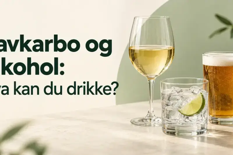 Et glass hvitvin, en drink med is og lime og et glass øl ved siden av teksten «Lavkarbo og alkohol: hva kan du drikke?».