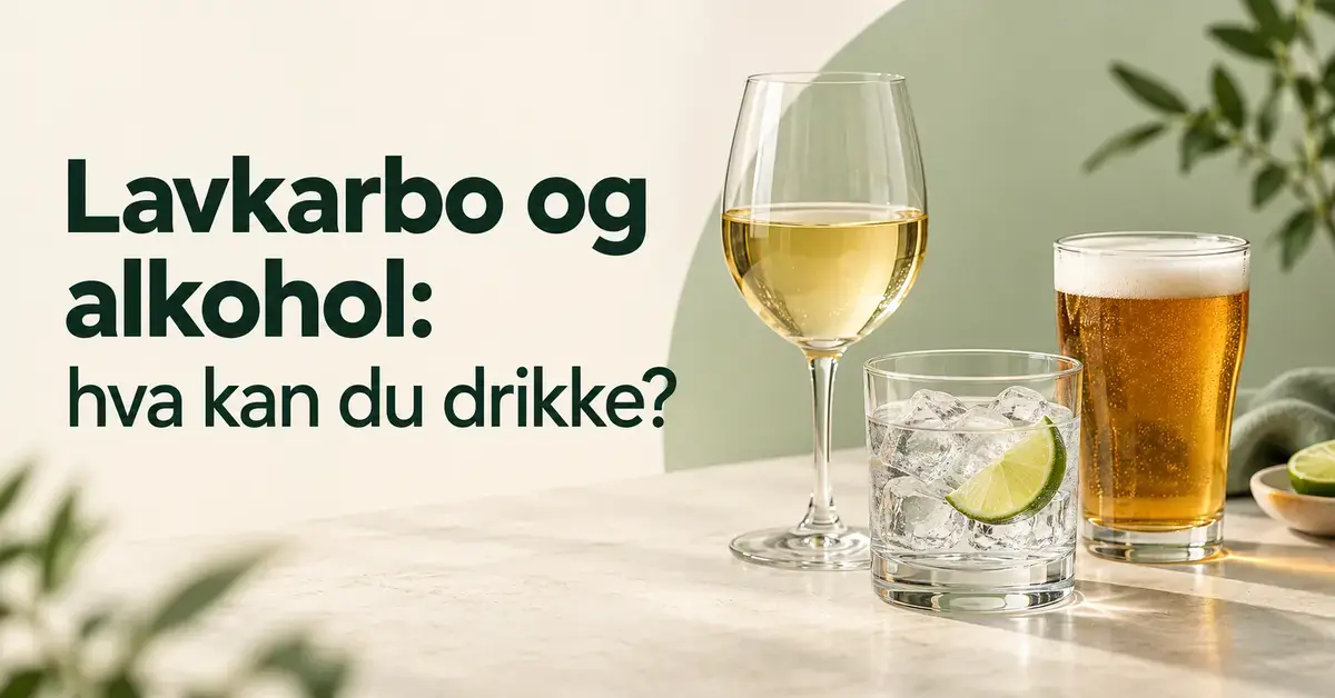 Et glass hvitvin, en drink med is og lime og et glass øl ved siden av teksten «Lavkarbo og alkohol: hva kan du drikke?».