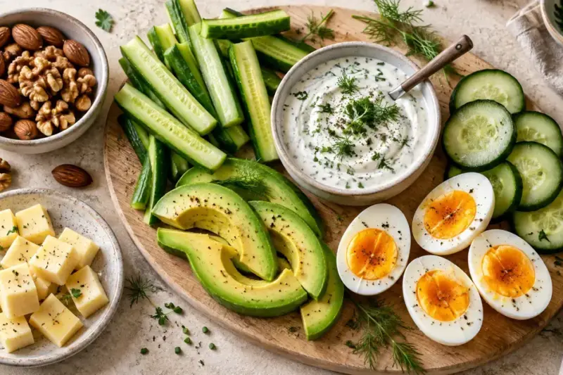 Lavkarbosnacks med avokado, agurk, kokte egg, ost, mandler, valnøtter og en skål kremet urtedipp på et lyst bord.