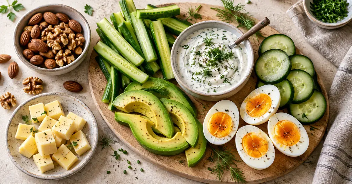 Lavkarbosnacks med avokado, agurk, kokte egg, ost, mandler, valnøtter og en skål kremet urtedipp på et lyst bord.