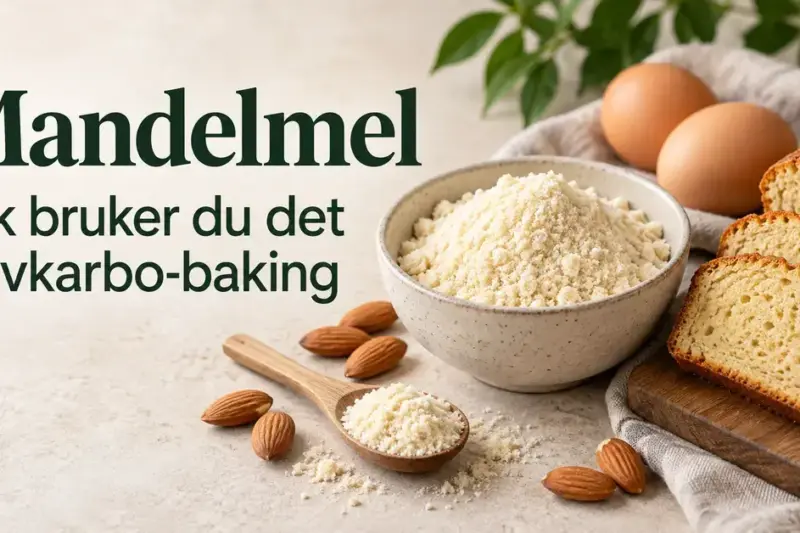En skål med mandelmel, hele mandler, egg og skiver av mandelbrød ved siden av teksten «Mandelmel – slik bruker du det i lavkarbo-baking».