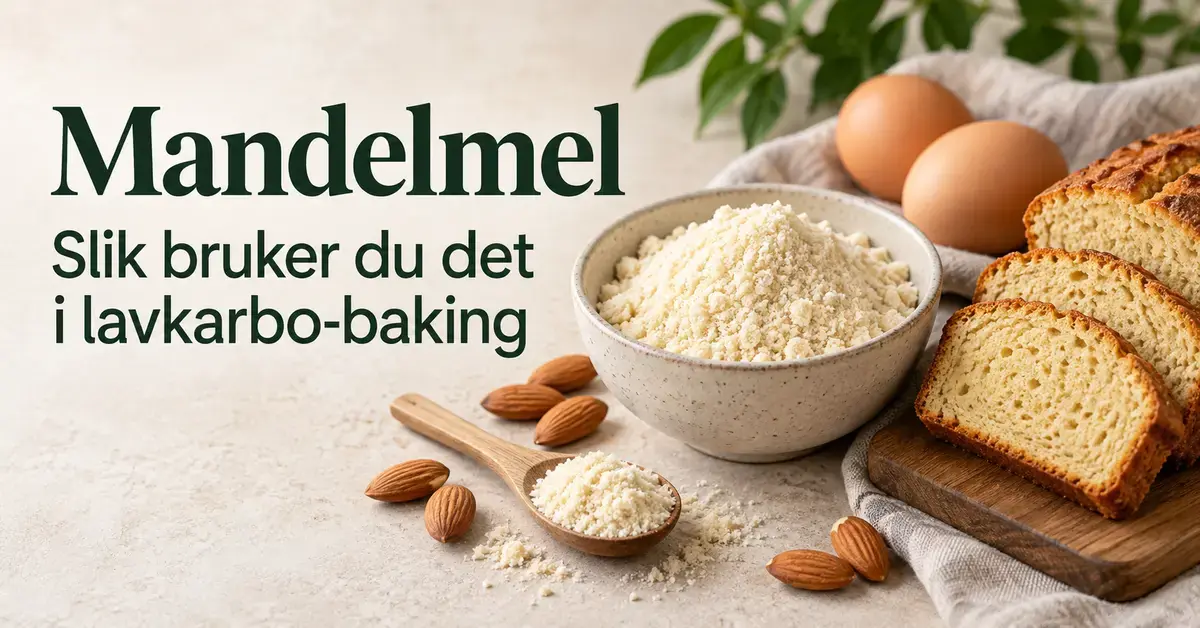 En skål med mandelmel, hele mandler, egg og skiver av mandelbrød ved siden av teksten «Mandelmel – slik bruker du det i lavkarbo-baking».