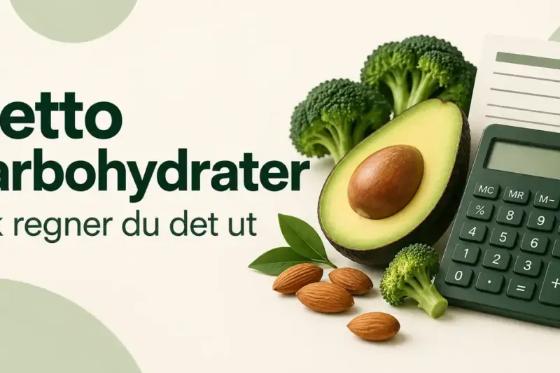 Illustrasjon med teksten «Netto karbohydrater – Slik regner du det ut», en kalkulator, avokado, brokkoli og mandler.