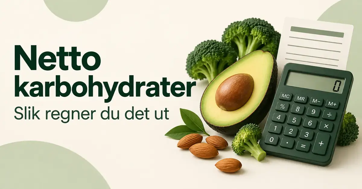 Illustrasjon med teksten «Netto karbohydrater – Slik regner du det ut», en kalkulator, avokado, brokkoli og mandler.