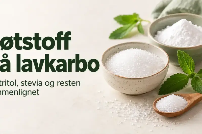 Skåler og en treskje med hvitt søtstoff ved siden av grønne steviablader og teksten «Søtstoff på lavkarbo – Erytritol, stevia og resten sammenlignet».