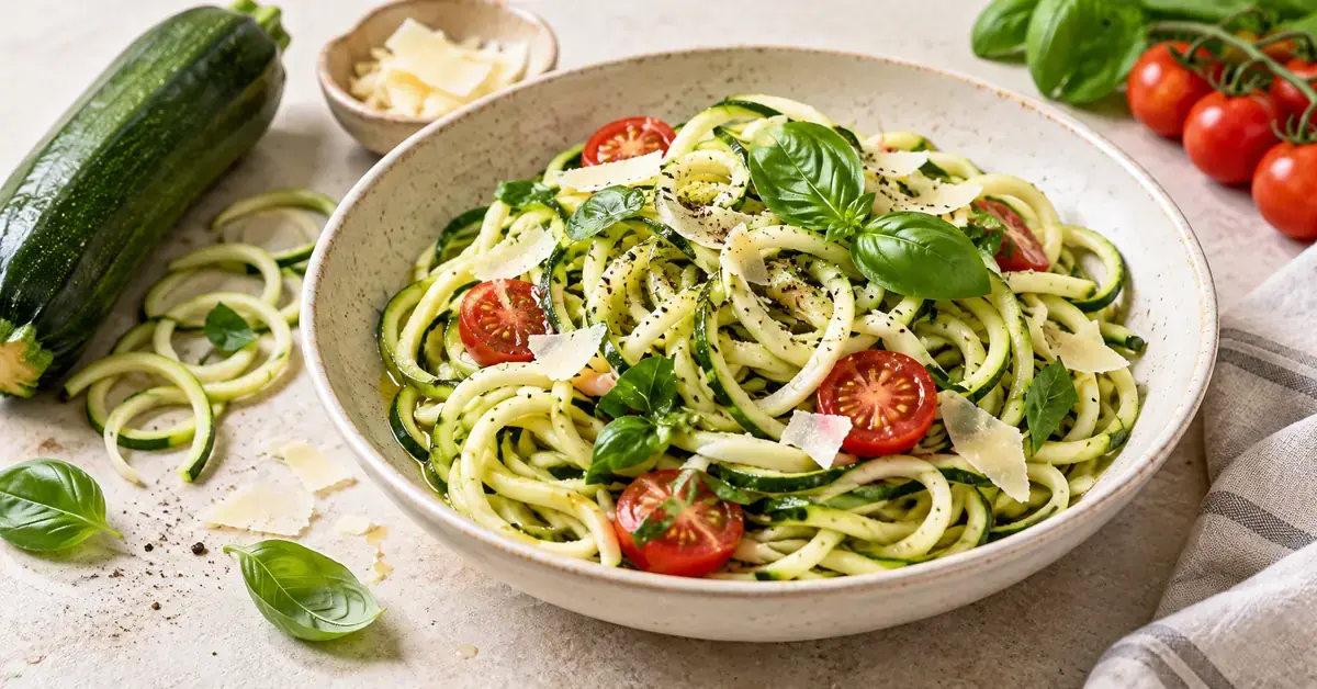 En skål med squashpasta, cherrytomater, basilikum og parmesan, med fersk squash ved siden av.