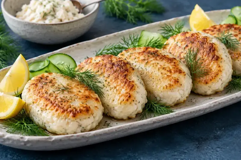 Gylne, hjemmelagde lavkarbo fiskekaker på et keramikkfat med dill, sitronbåter og agurkbånd.