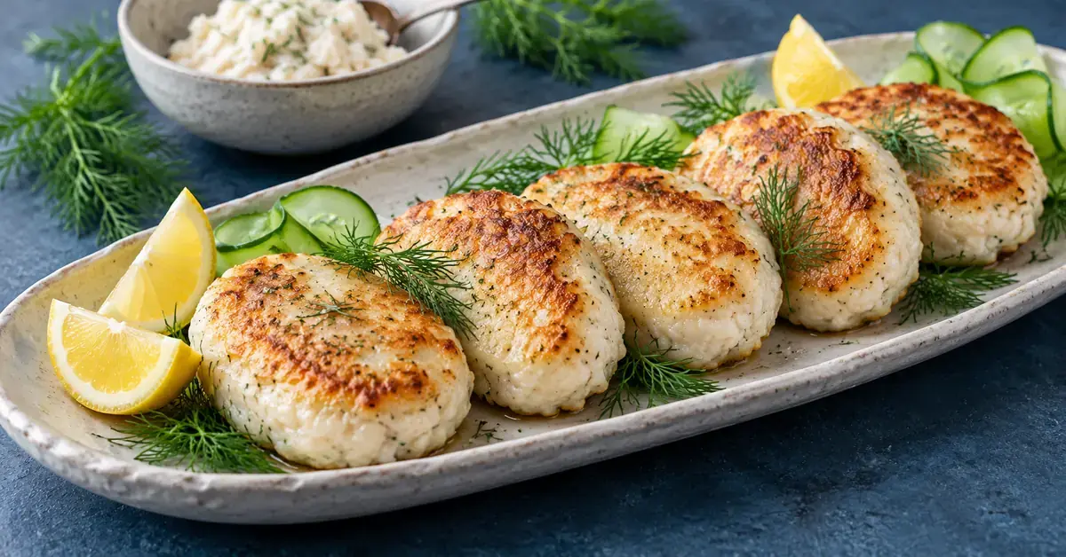 Gylne, hjemmelagde lavkarbo fiskekaker på et keramikkfat med dill, sitronbåter og agurkbånd.